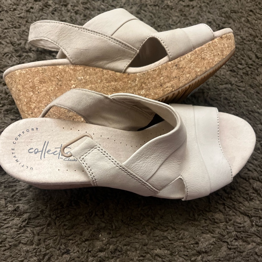 Clarks Cream and Brown Wedge Sandals Size 9